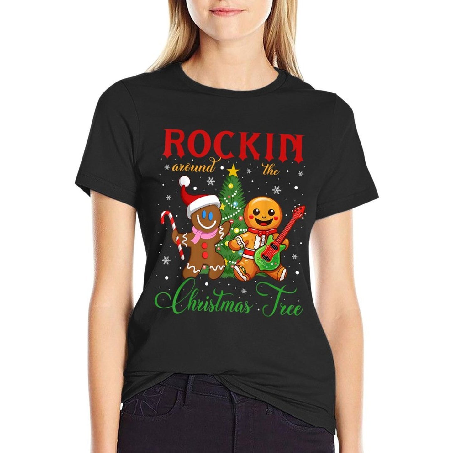 Rocking Around The Christmas Tree Gingerbread Rock  Roll  Fade-proof Color T-Shirt