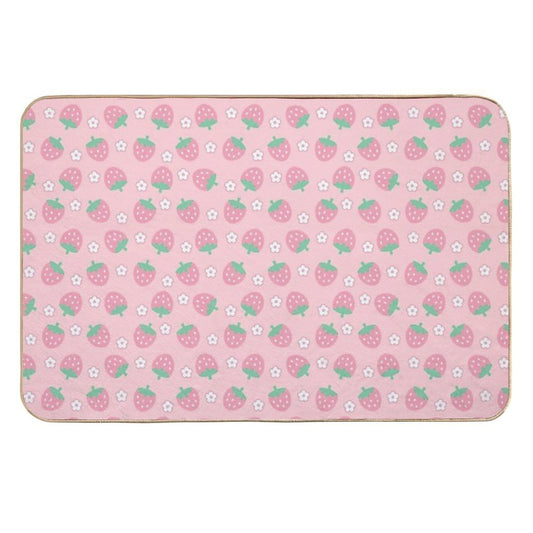 Strawberries Pink White Flowers Sakura Kawaii Cute Pastel Aesthetic  Pet-Safe Bath Mat