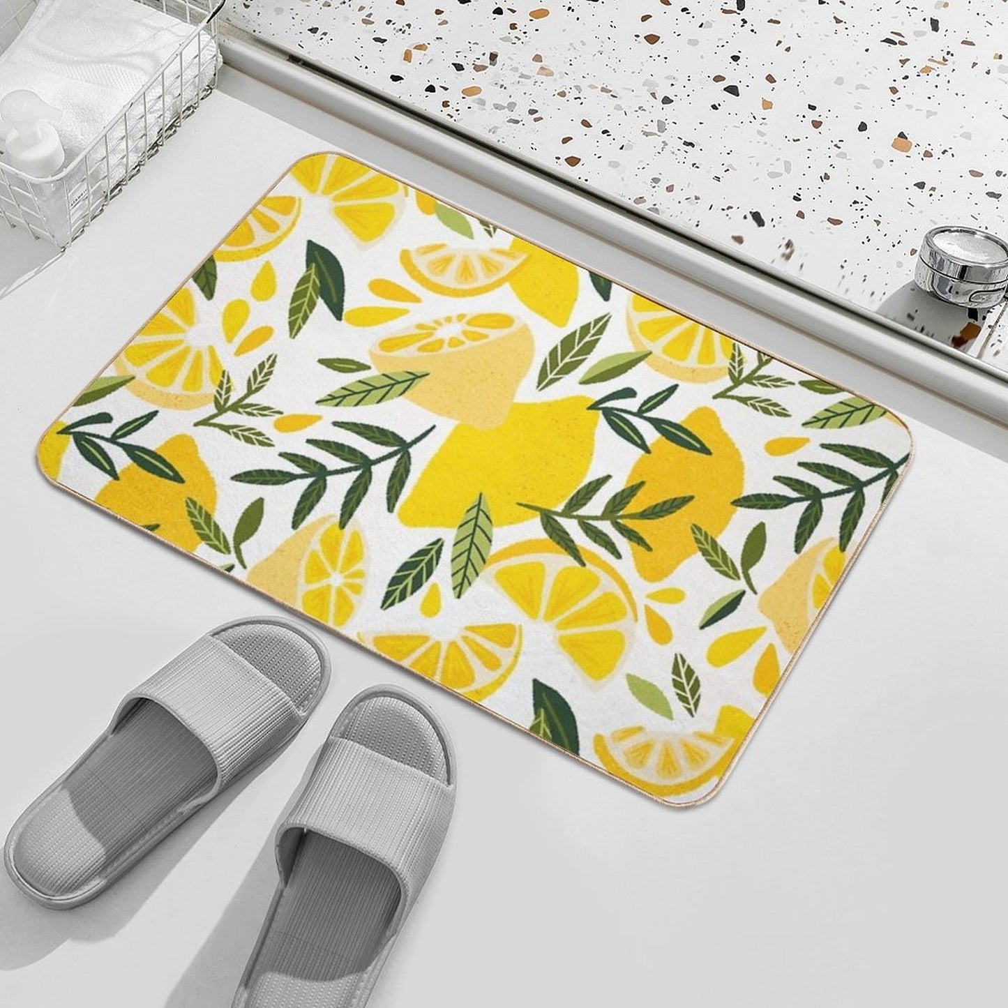 Lemon Blooms on White  Anti-Trip Bath Mat