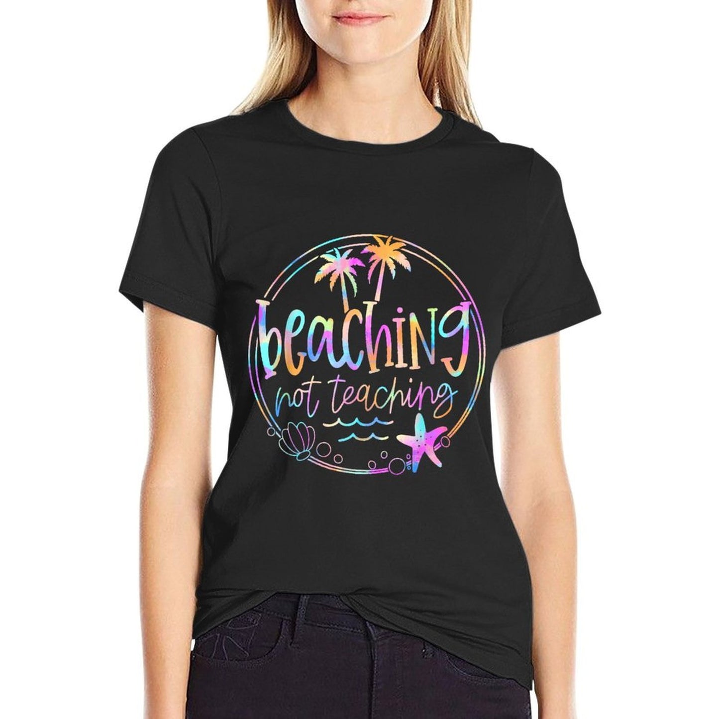 Beaching Not Teaching Tie Dye Summer Teacher Beach Vacation  Ribbed Collar T-Shirt