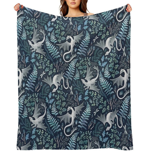 Forest Dragons in Shades of Blue And Green on Navy Blue Travel-friendly Throw Blanket