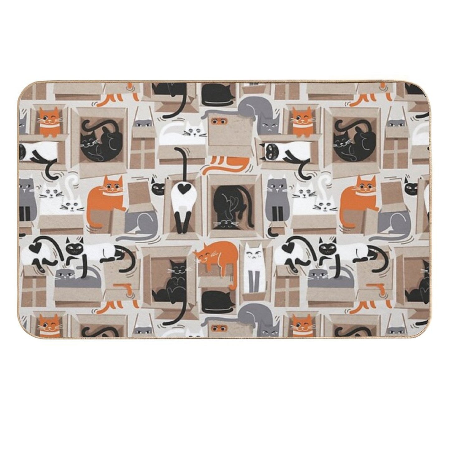 Purfect Feline Architecture  Beige Background Cute Cats in Cardboard Boxes  Rapid-Drying Bath Mat