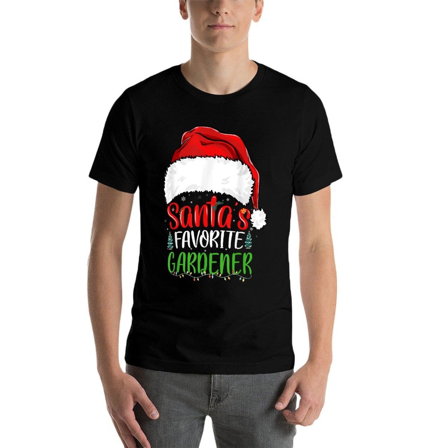 Santas Favorite Gardener Funny Christmas Gardening  Ribbed Collar T-Shirt