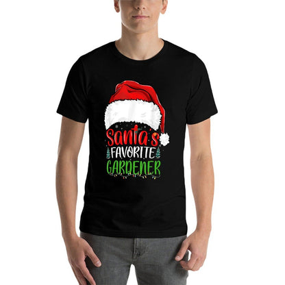 Santas Favorite Gardener Funny Christmas Gardening  Ribbed Collar T-Shirt