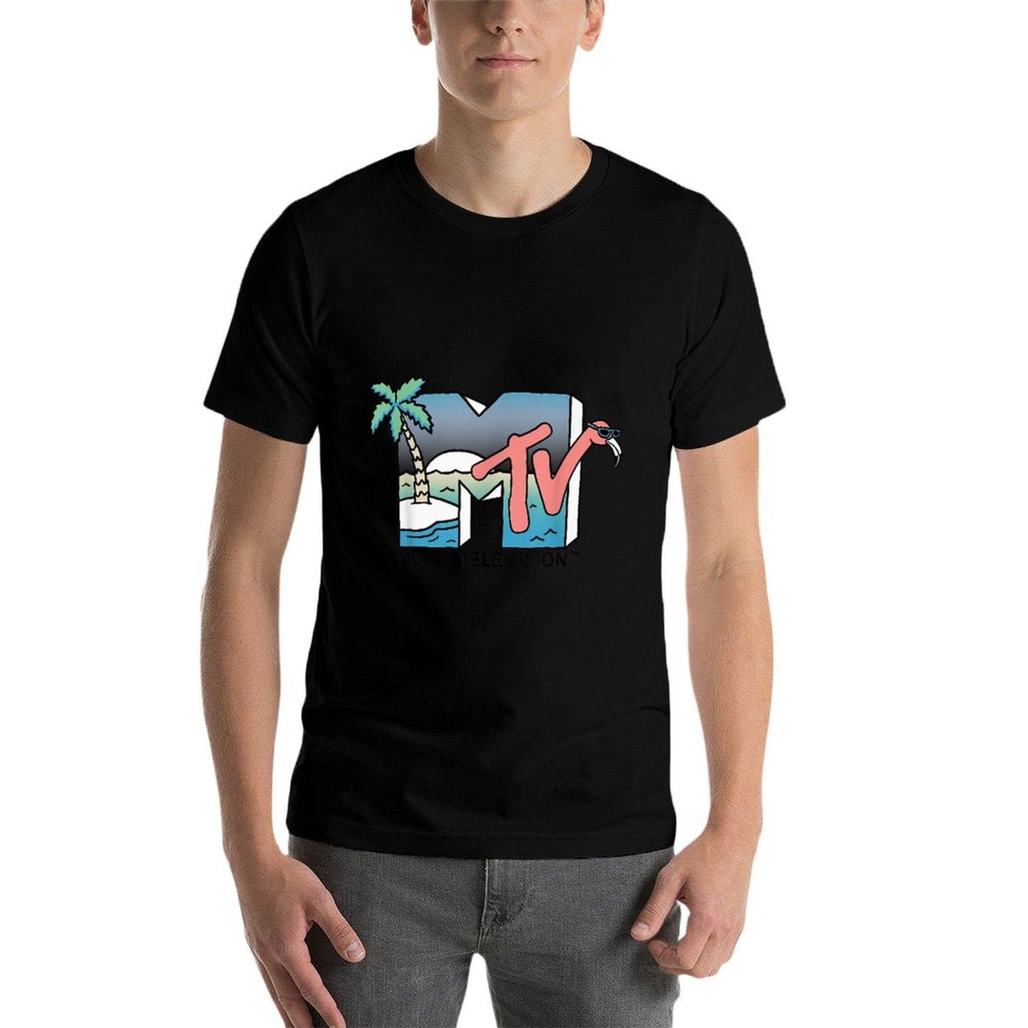 MTV Beach Island Flamingo Logo Vintage Graphic  Relaxed-fit T-Shirt