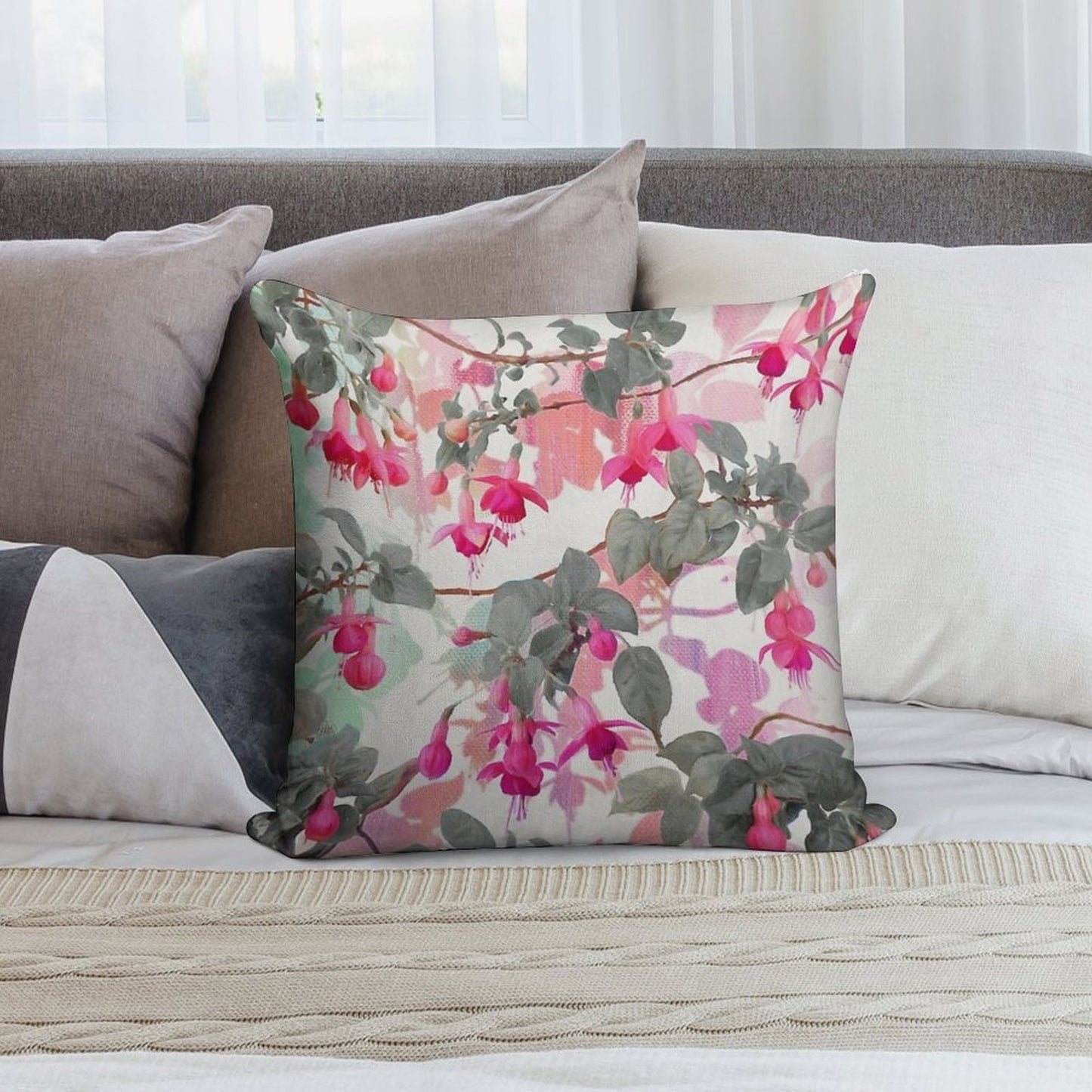 Rainbow Fuchsia Floral Pattern - with Grey Soft Warmth Comfort Throw Pillow