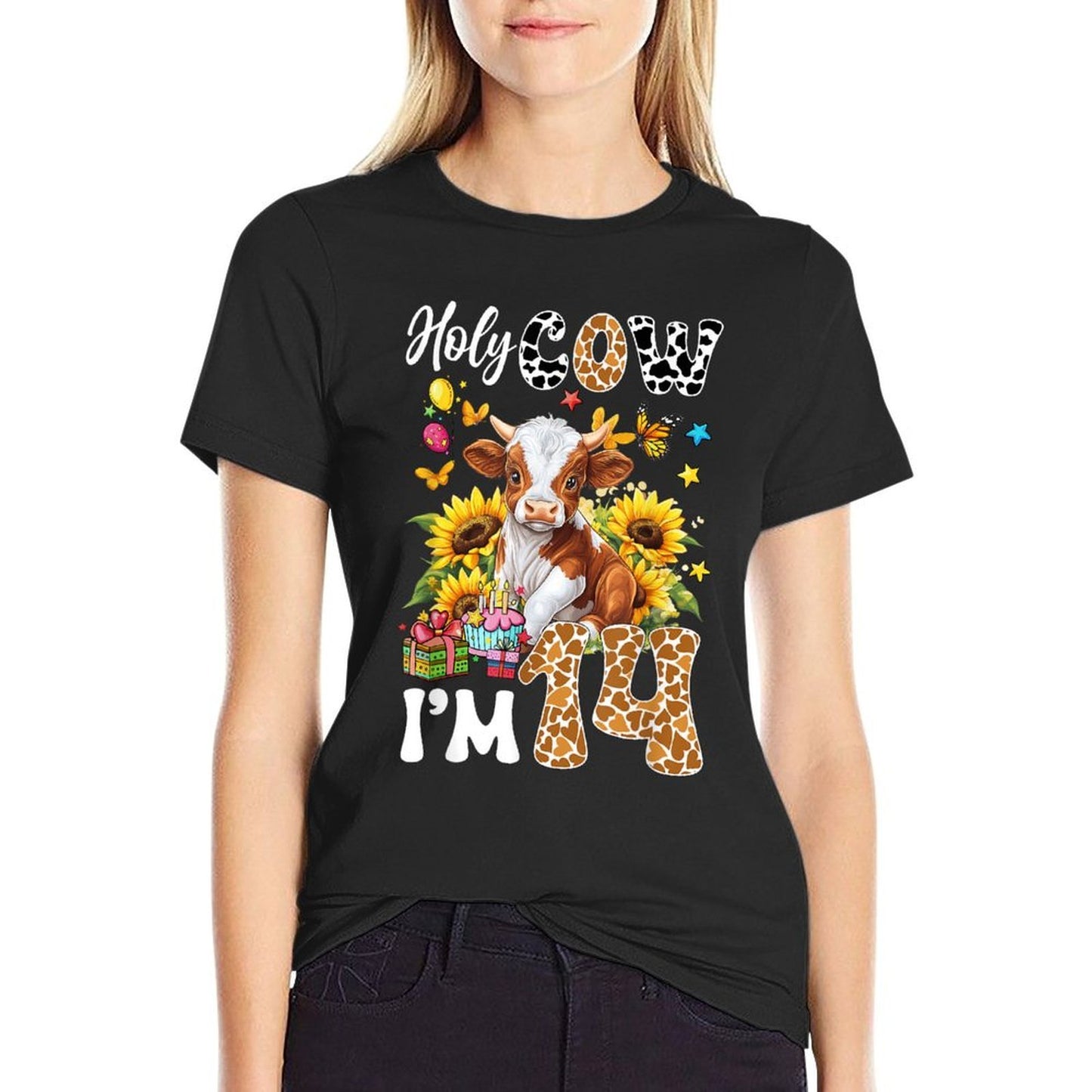 Holy Cow I'm 14 Years Old Farm Cow Sunflowers 14Th Birthday  Relaxed-fit T-Shirt