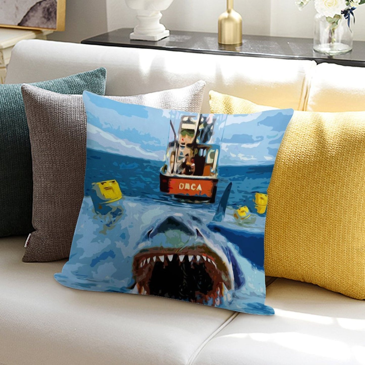 Jaws Movie Retro. Birthday Party Gifts. Officially Licensed Merch. Soft Warmth Comfort Throw Pillow