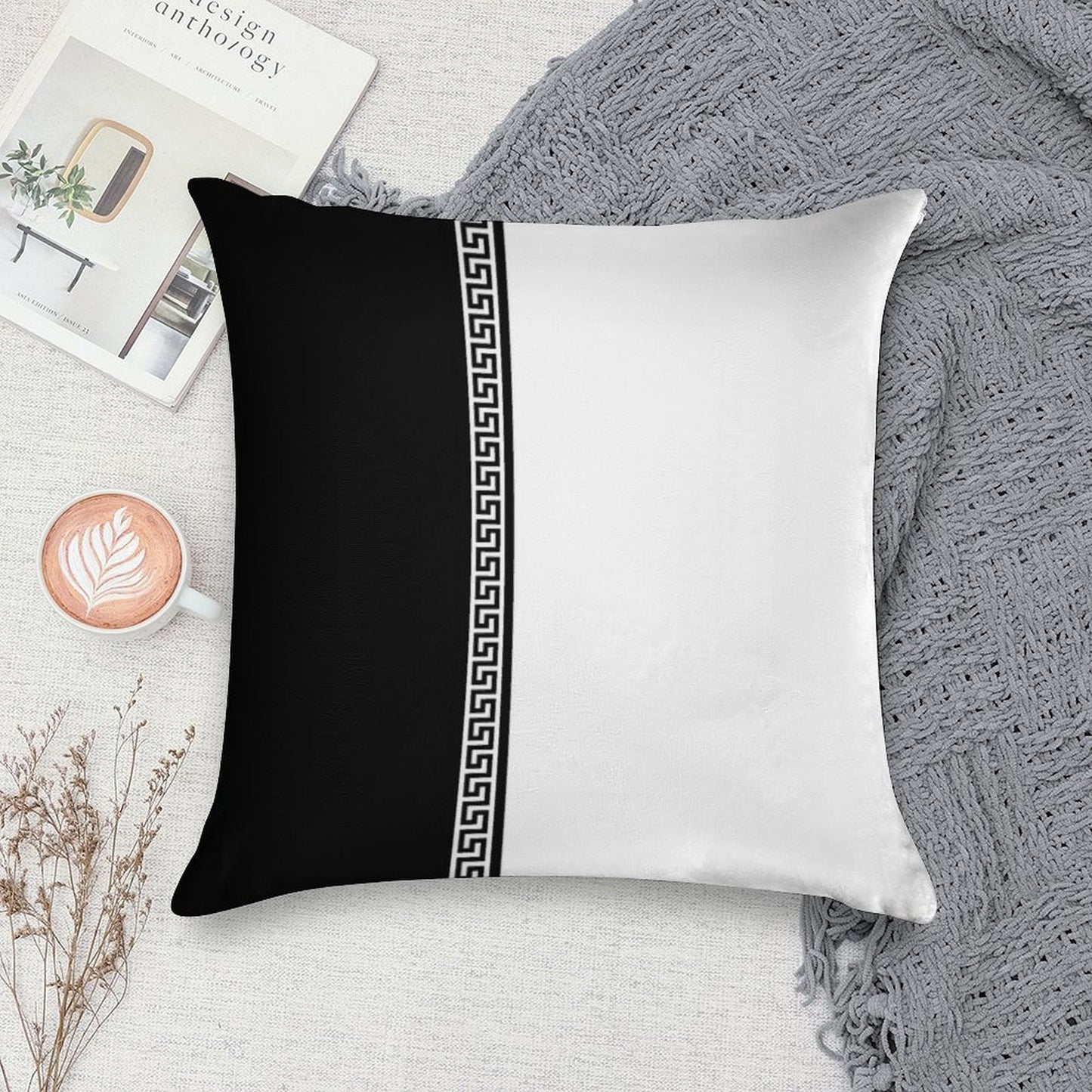 Greek Key Verticle - Black And White Soft Luxury Feel Throw Pillow