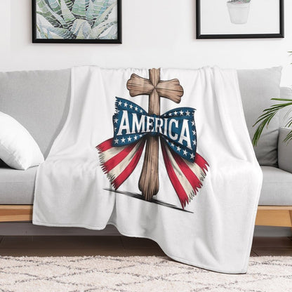 Christian Cross American Flag Bow Patriotic Shirt Eco-conscious Throw Blanket