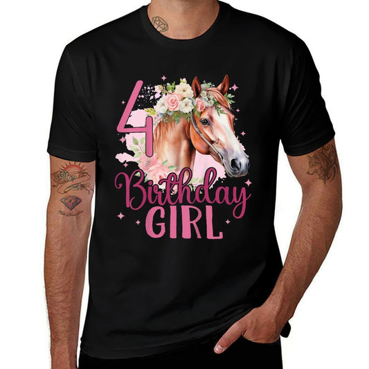 Kids 4th Birthday Horse Girl Fourth Birthday Girl 4 Years Old  Summer-ready Fabric T-Shirt