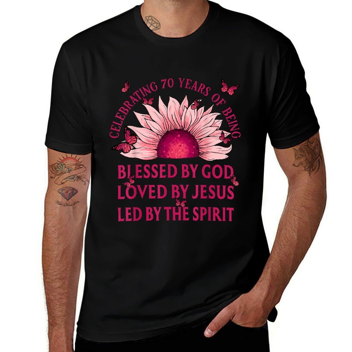 Blessed By God For 70 Years Pink Sunflower Birthday  Tagless Design T-Shirt