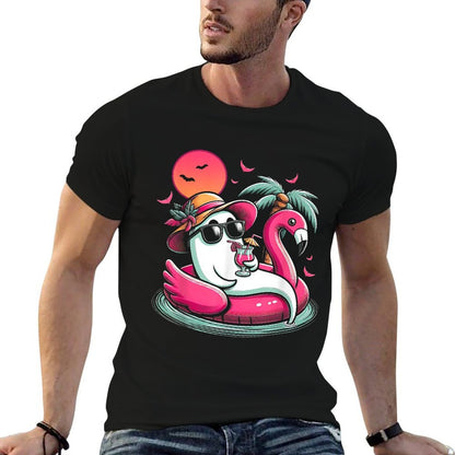 Ghost In Lifebuoy Flamingo On A Pool Float Summer Ween  Polyester Blend T-Shirt