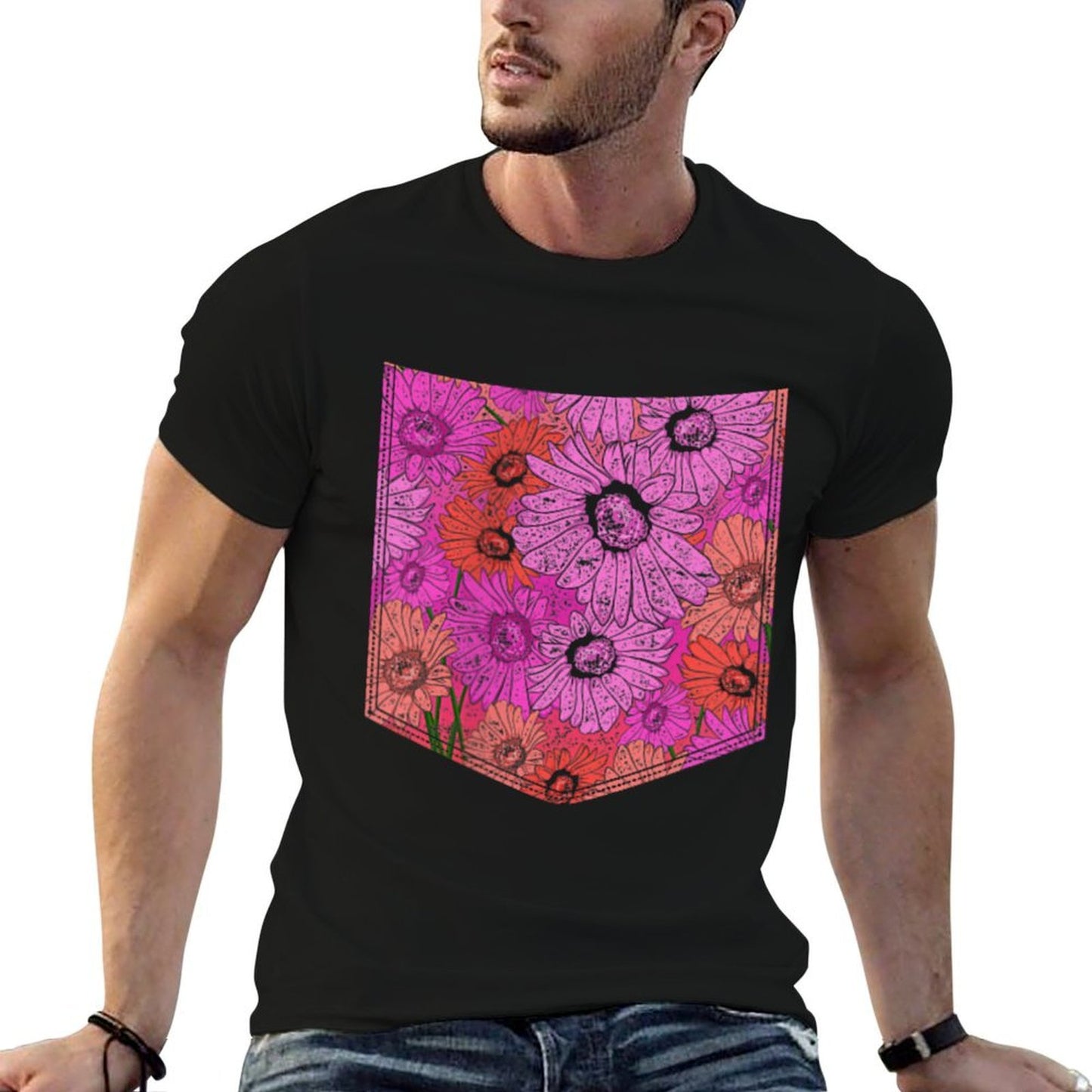 Colorful Flower Pocket Floral Pattern Botanical  Wrinkle-resistant T-Shirt