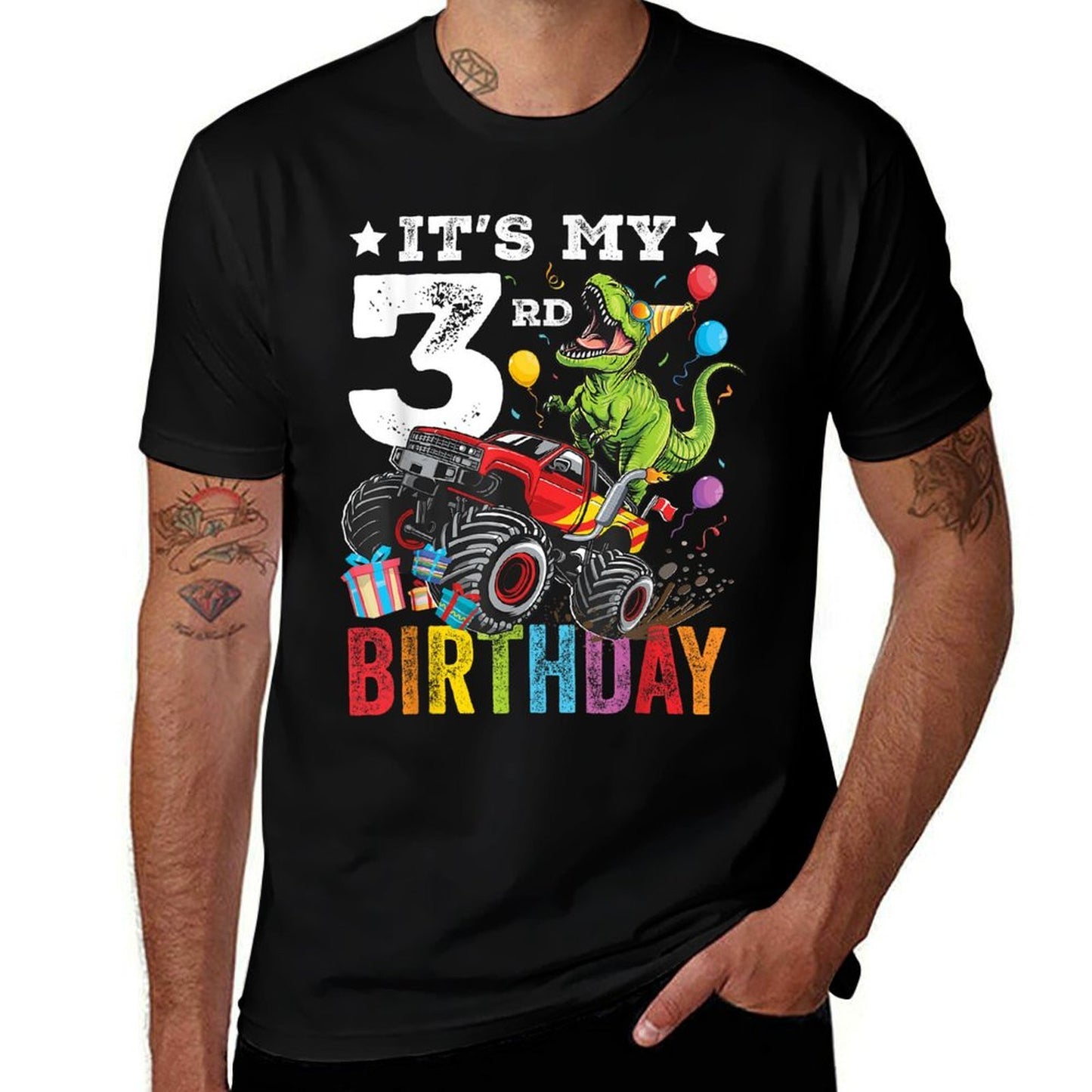 Three 3rd Birthday Dinosaur Monster Truck  Summer-ready Fabric T-Shirt