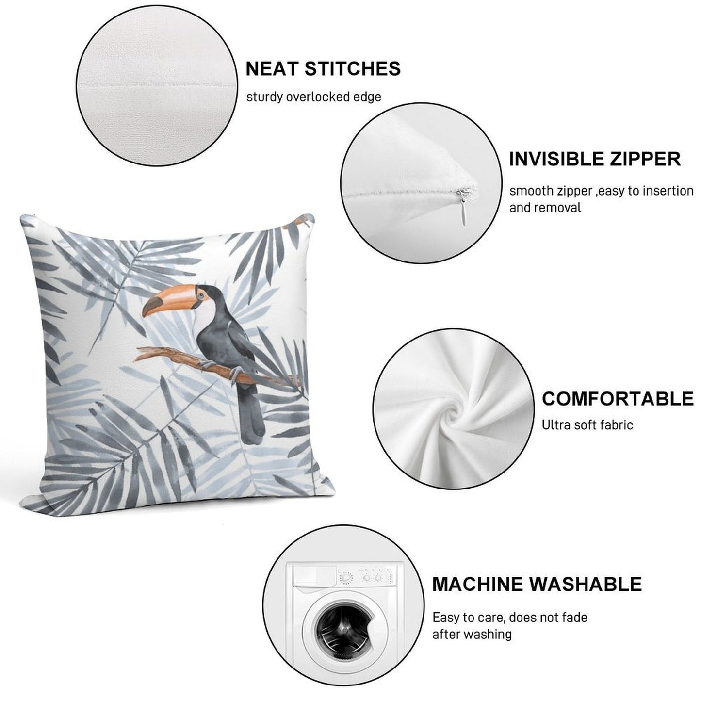 Palm Leaves And Toucan Soft Shrink-Resistant Throw Pillow