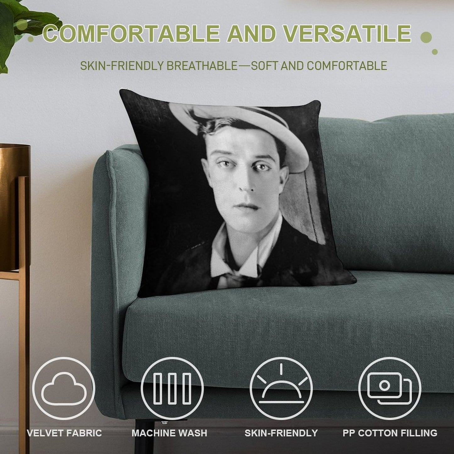 Buster Keaton - BW Vintage - D13 Soft Reinforced Edging Throw Pillow