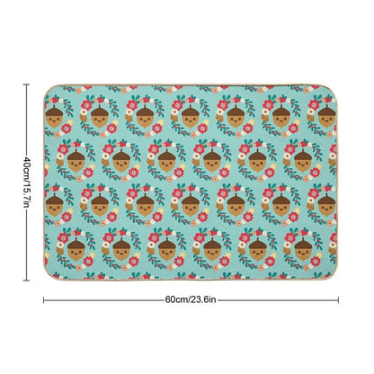 Acorn And Flowers Pattern Design  Blue  Absorbent Bath Mat