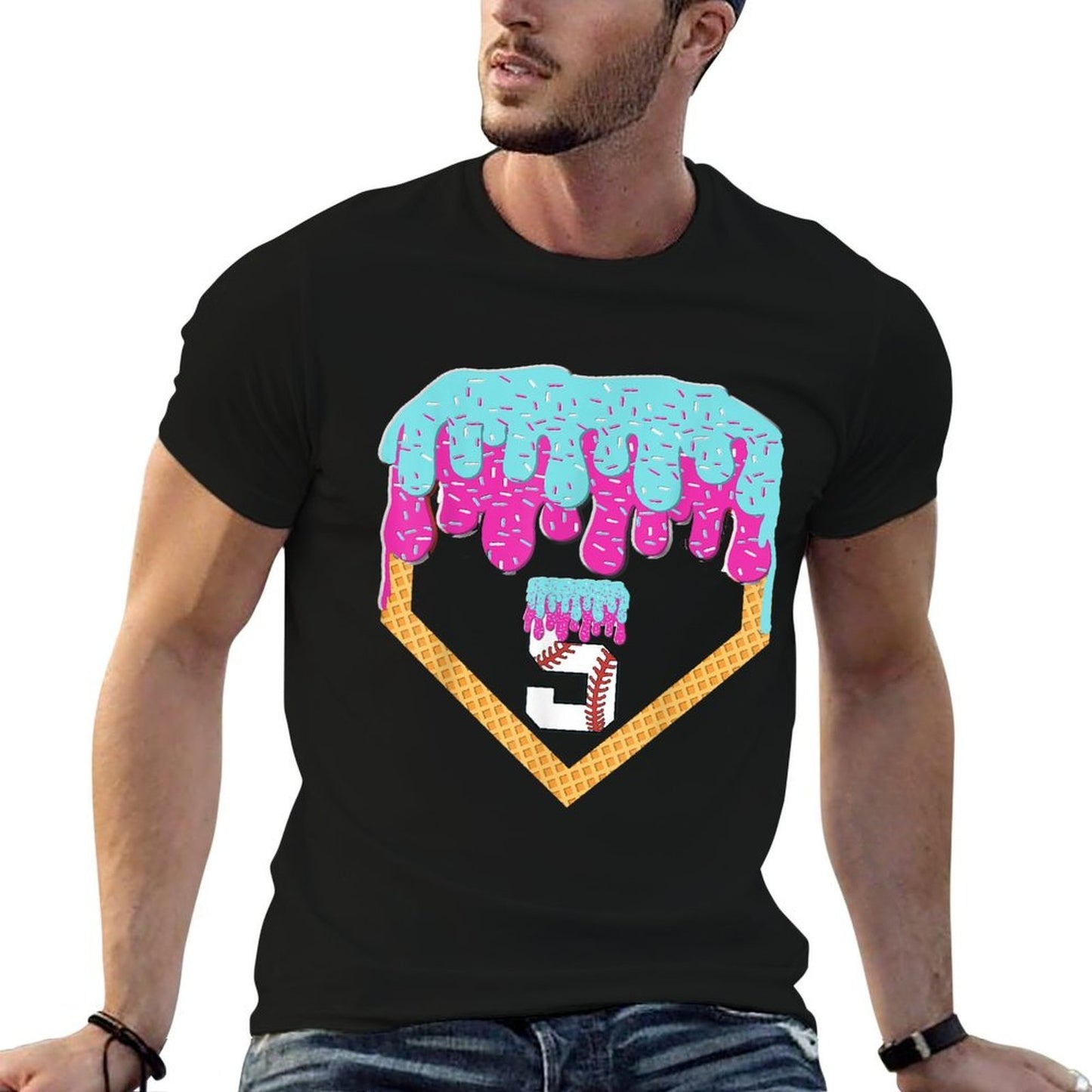Baseball Drip 5 Year Old Ice Cream 5th Birthday Boy Number 5  Summer-ready Fabric T-Shirt