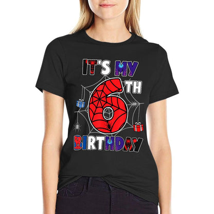 Kids It's My 6th Birthday Spider Theme Party 6 Year Old  Fade-proof Color T-Shirt