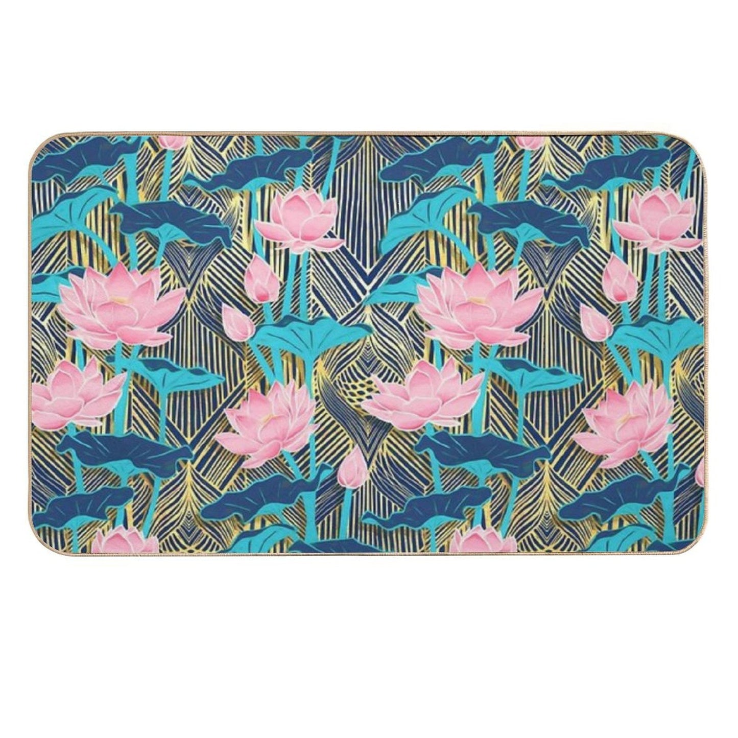 Art Deco Lotus Flowers in Pink & Navy  High-Traffic Bath Mat