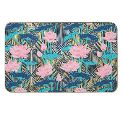 Art Deco Lotus Flowers in Pink & Navy  High-Traffic Bath Mat