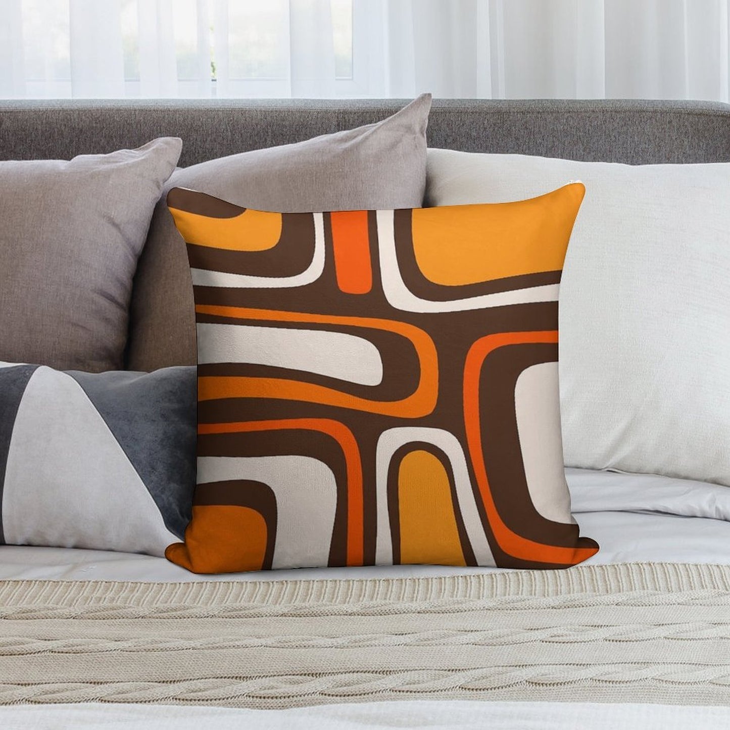 Palm Springs Retro Mid-Century Modern Abstract Pattern in 70s Dark Brown Orange Beige Soft Hidden Zipper Throw Pillow