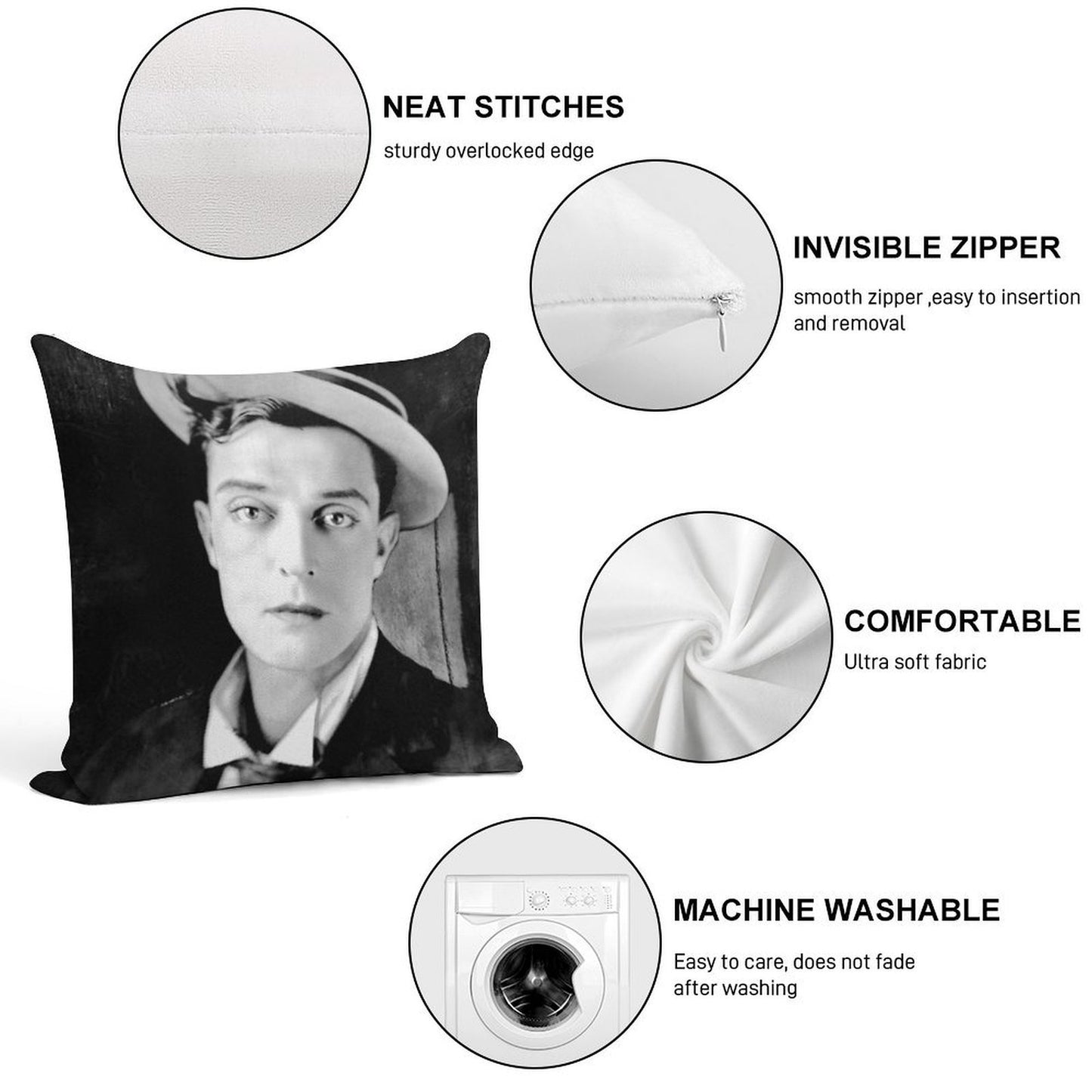 Buster Keaton - BW Vintage - D13 Soft Reinforced Edging Throw Pillow