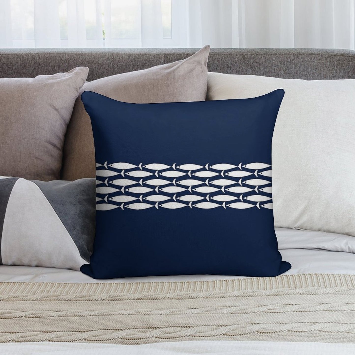 Fish Stripe 6 - Minimalist Midcentury Modern Fish in White And Nautical Navy Blue Soft Skin-Friendly Throw Pillow