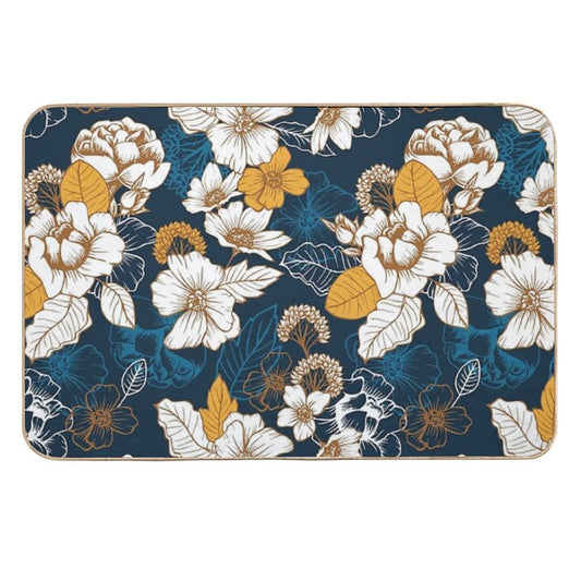 Navy And Gold Peony And Blossom Seamless Pattern  Rapid-Drying Bath Mat