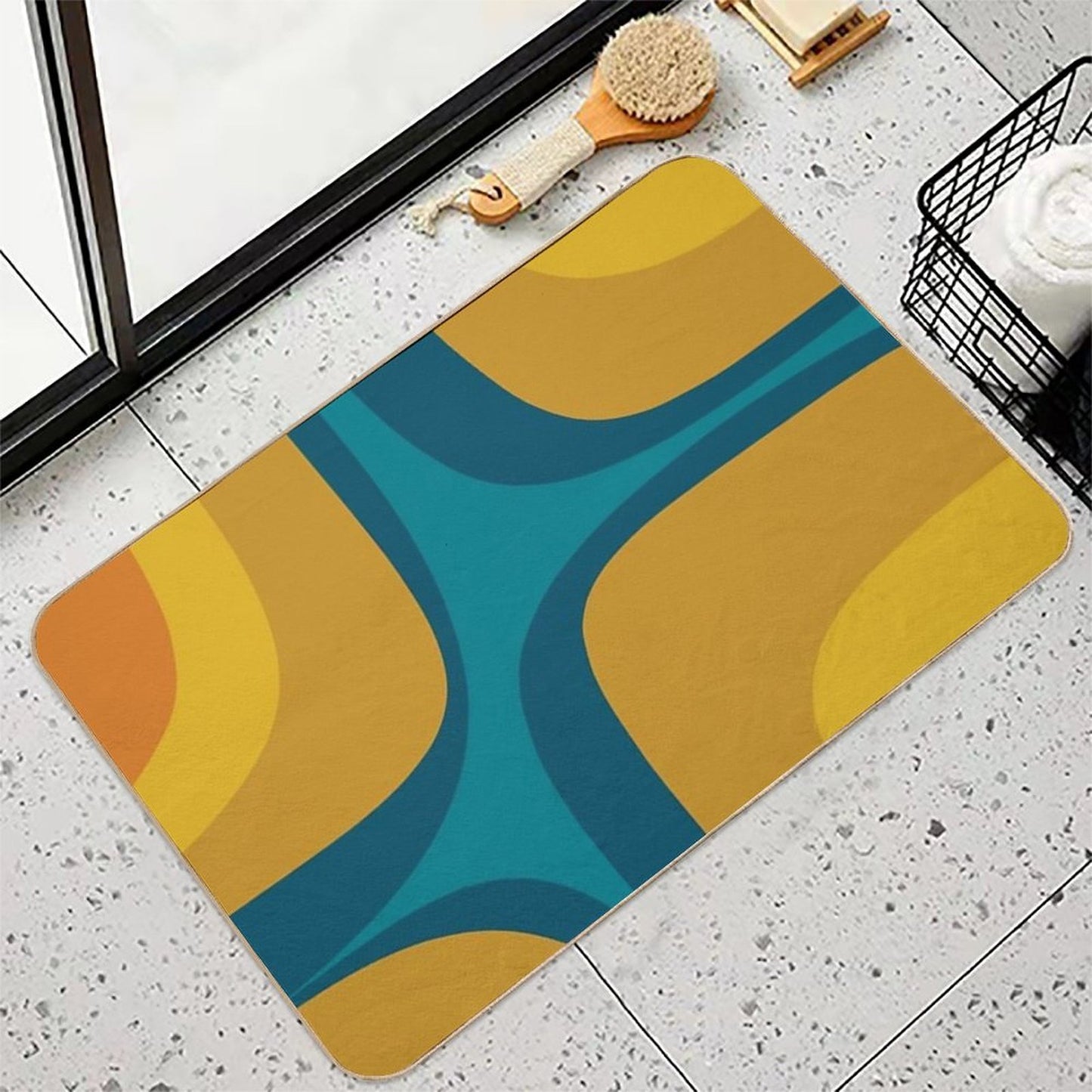 Retro Groove Pattern Mustard Teal  Anti-Trip Bath Mat