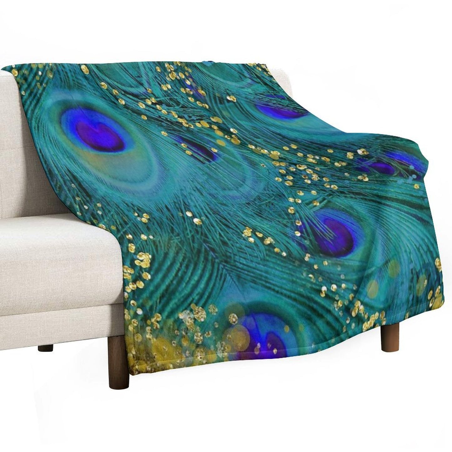 Dreamy Peacock Feathers, Teal And Purple, Glimmering Gold Travel-friendly Throw Blanket