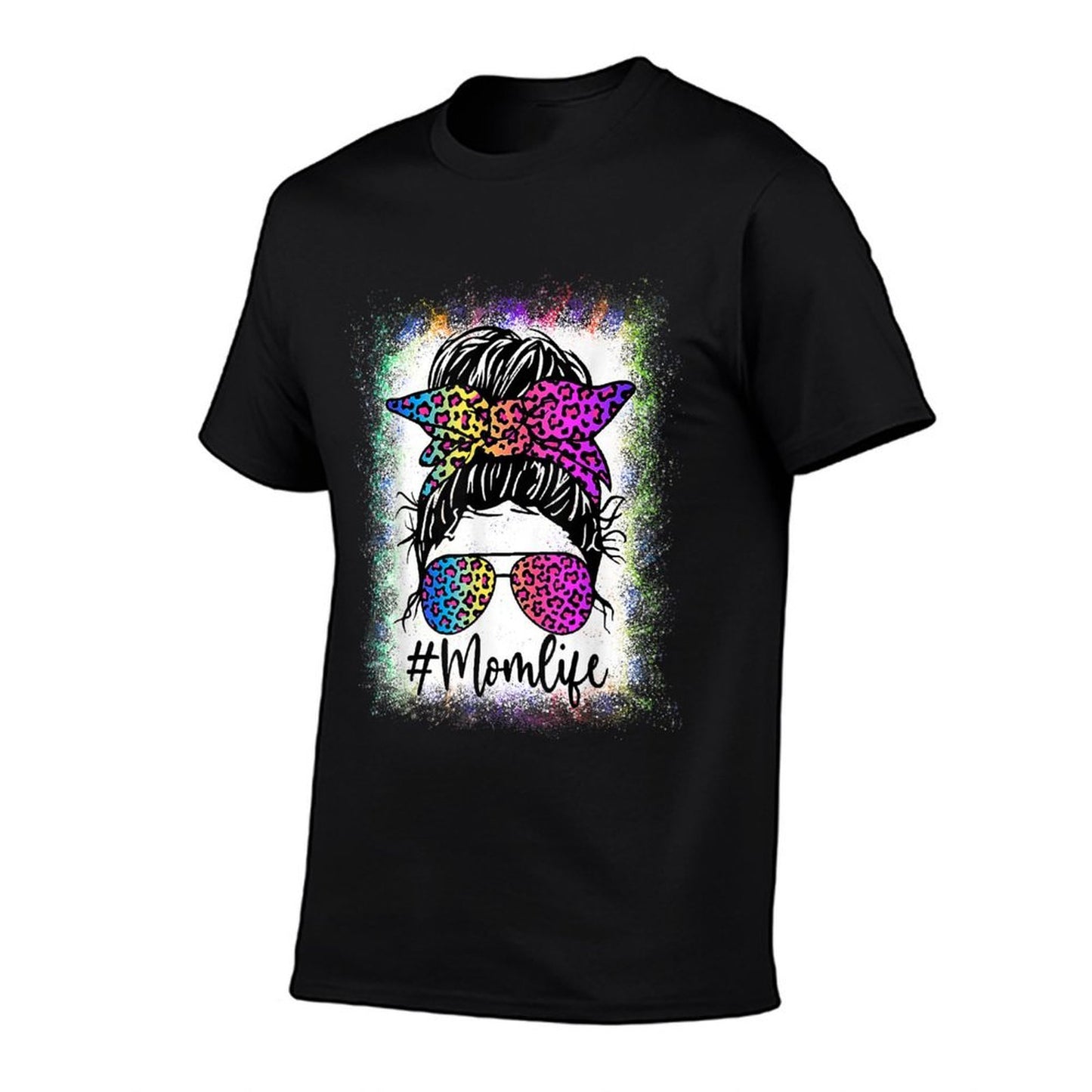 Womens Mom Life Bleached Rainbow Leopard Messy Bun  Stretchy T-Shirt