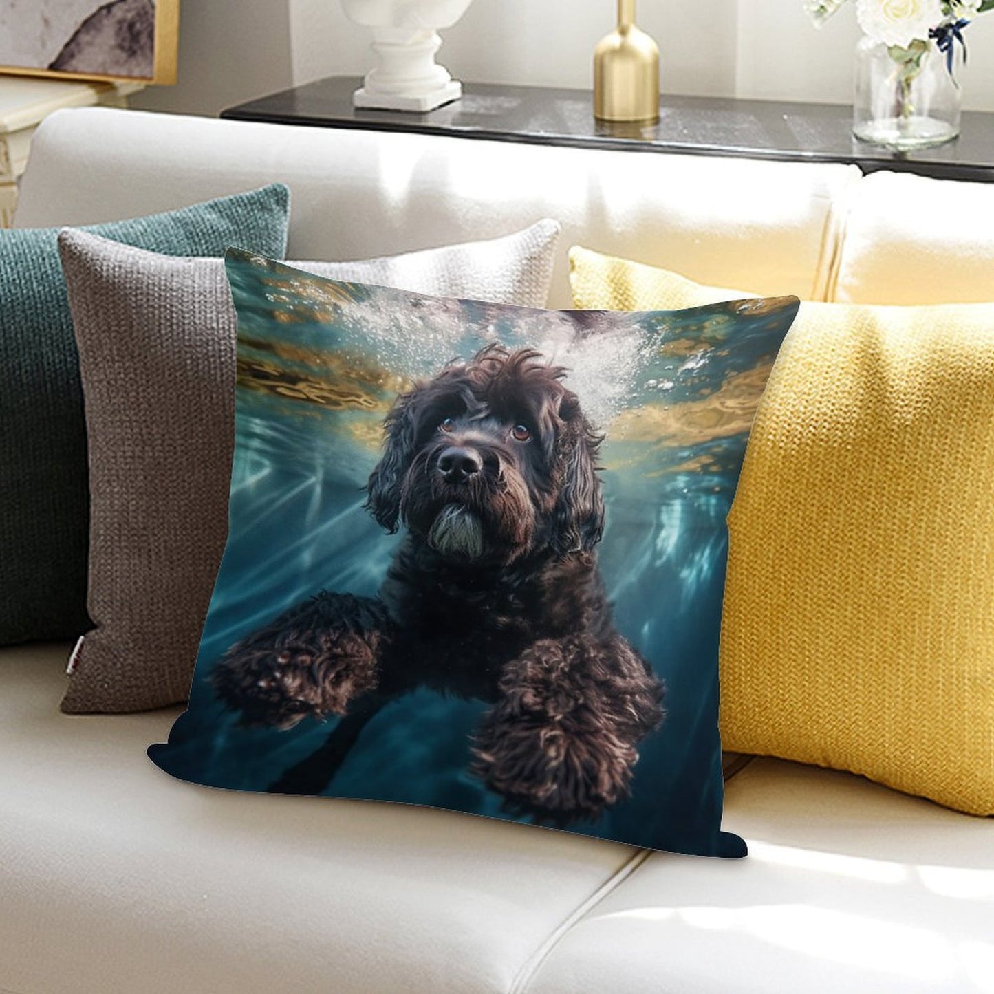 Portuguese Water Dog Swimming Under Water Soft Ultra-Soft Texture Throw Pillow