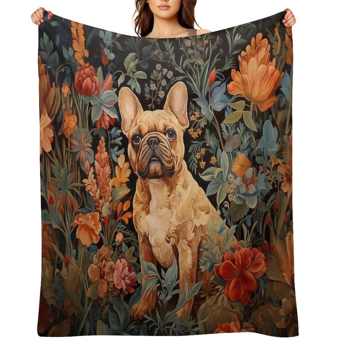 French Bulldog in A William Morris Style Garden Premium Throw Blanket