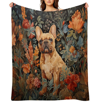 French Bulldog in A William Morris Style Garden Premium Throw Blanket