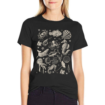 Vintage Ocean Wildlife Shark Turtle Octopus  Stretchy T-Shirt
