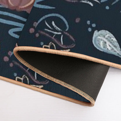 Leaves And Lotus Flower in Blue Blush And Brown (navy)  Absorbent Bath Mat