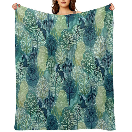 Hidden Unicorn Woods in Shades of Green Watercolor Eco-conscious Throw Blanket