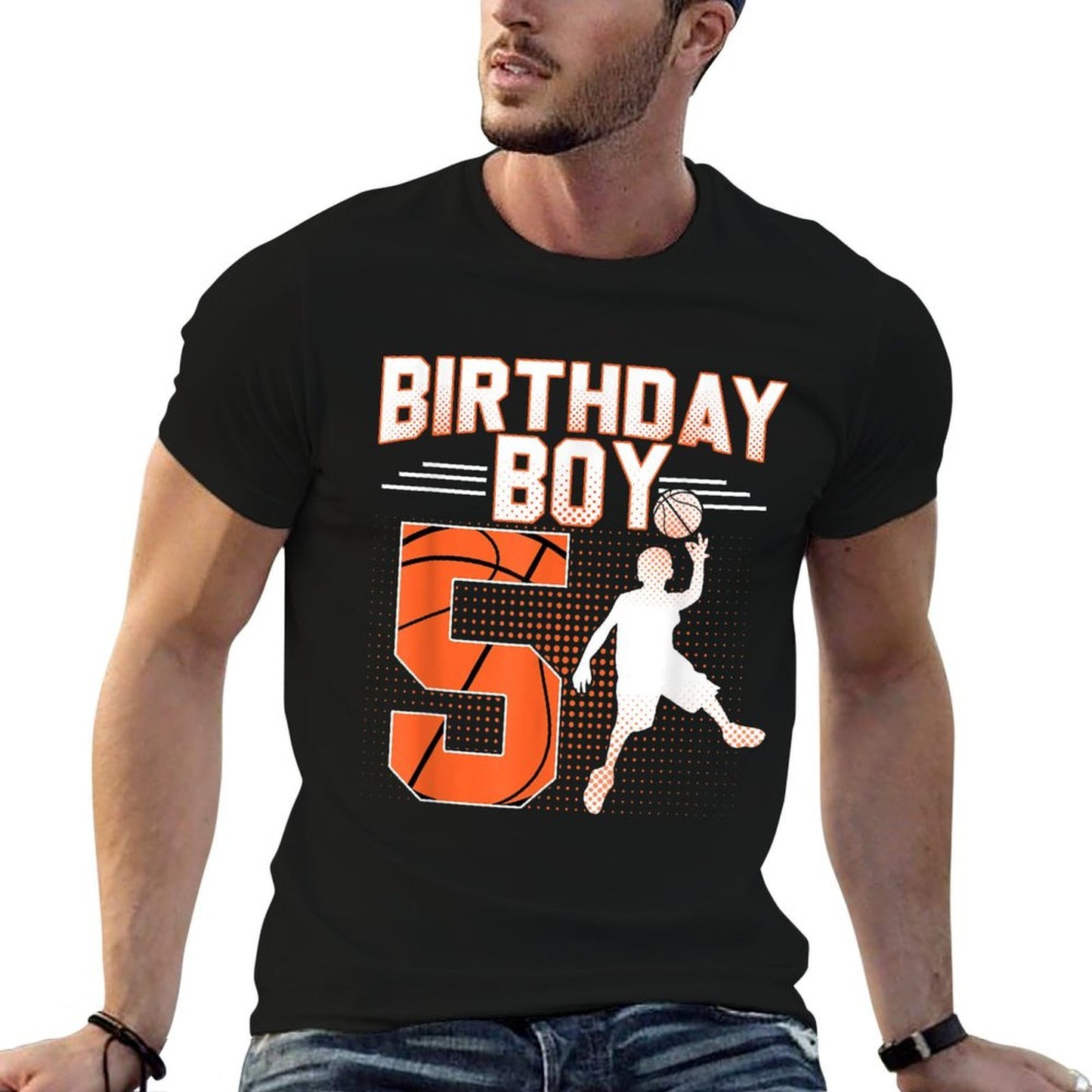 Basketball Birthday Boy 5th Birthday 5 Years Old Birthday  Rolled Sleeves T-Shirt