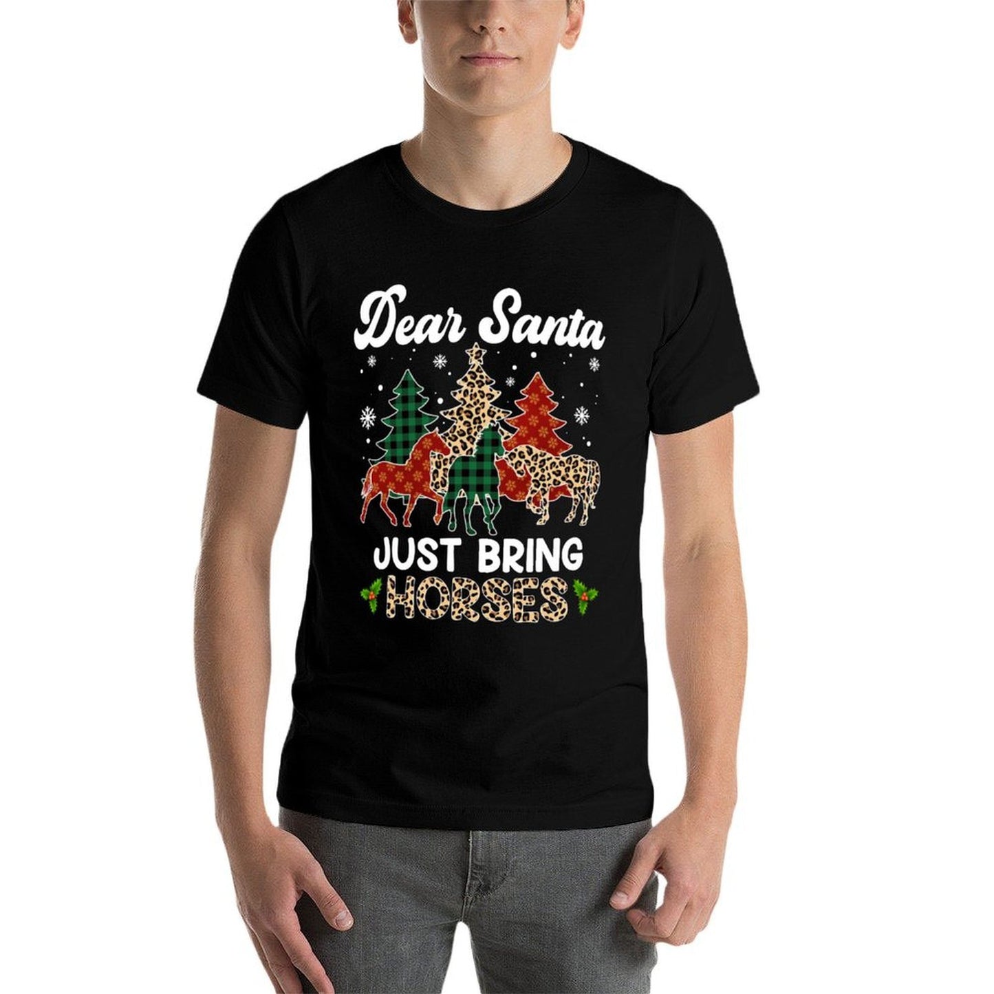 Dear Santa Just Bring Horses ELF Santa Leopard Christmas  Cotton T-Shirt