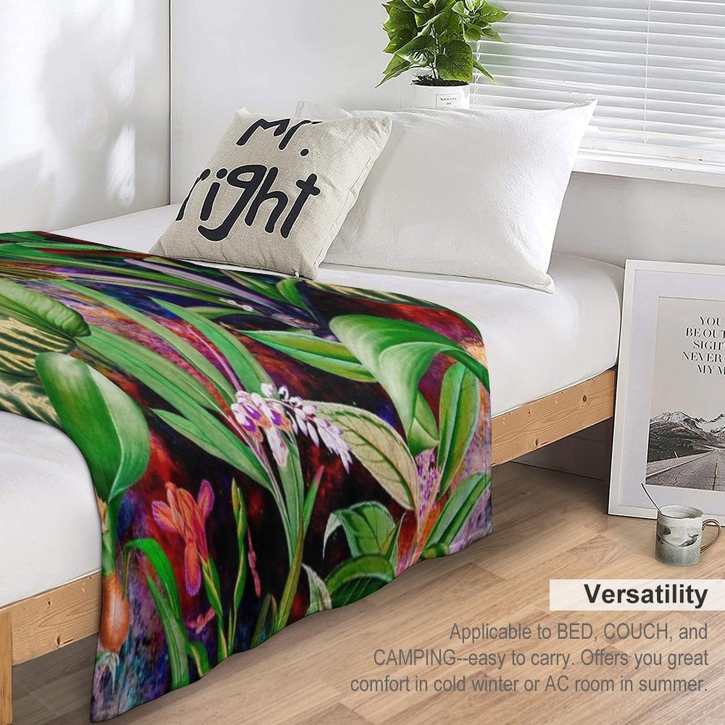 Exotic Tropical Foliage, Leaves And Flowers Tropical Pattern, Botanical Illustration, Red Blue Floral Illustration Versatility Throw Blanket