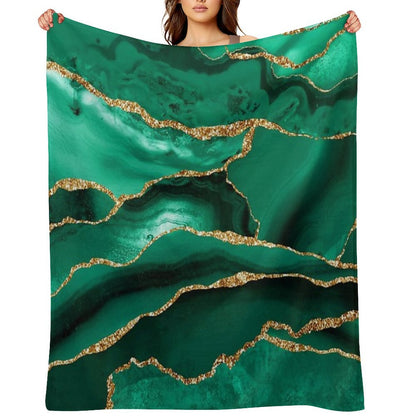 Emerald Green Malachite Faux Marble With Gold Glitter Quick-dry Throw Blanket