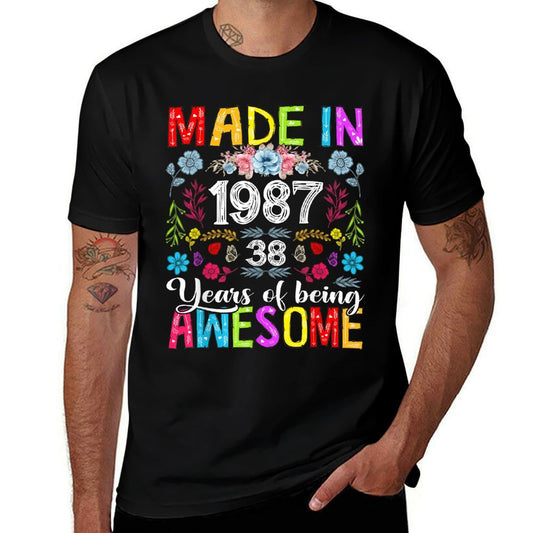 38 Years Old Made In 1987 Funny Floral 38th Birthday Women  Wrinkle-resistant T-Shirt