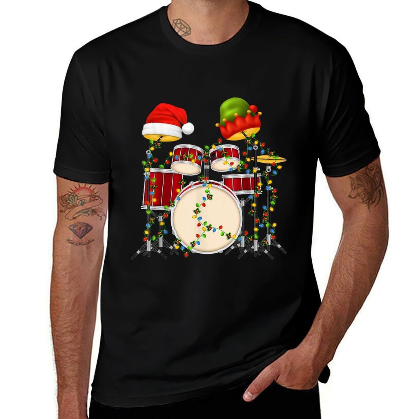 Funny Drumming Santa Hat Drums Funny Drummer Christmas  Polyester Blend T-Shirt