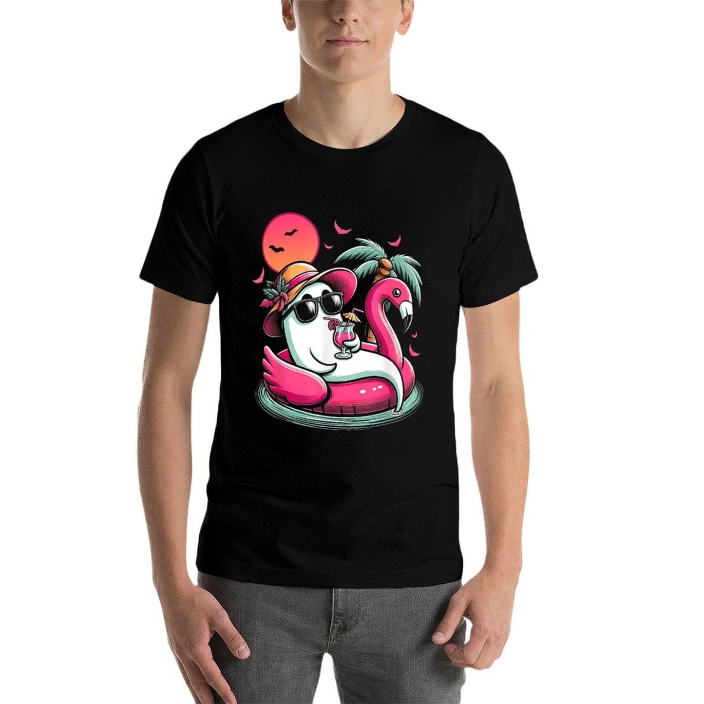 Ghost In Lifebuoy Flamingo On A Pool Float Summer Ween  Polyester Blend T-Shirt