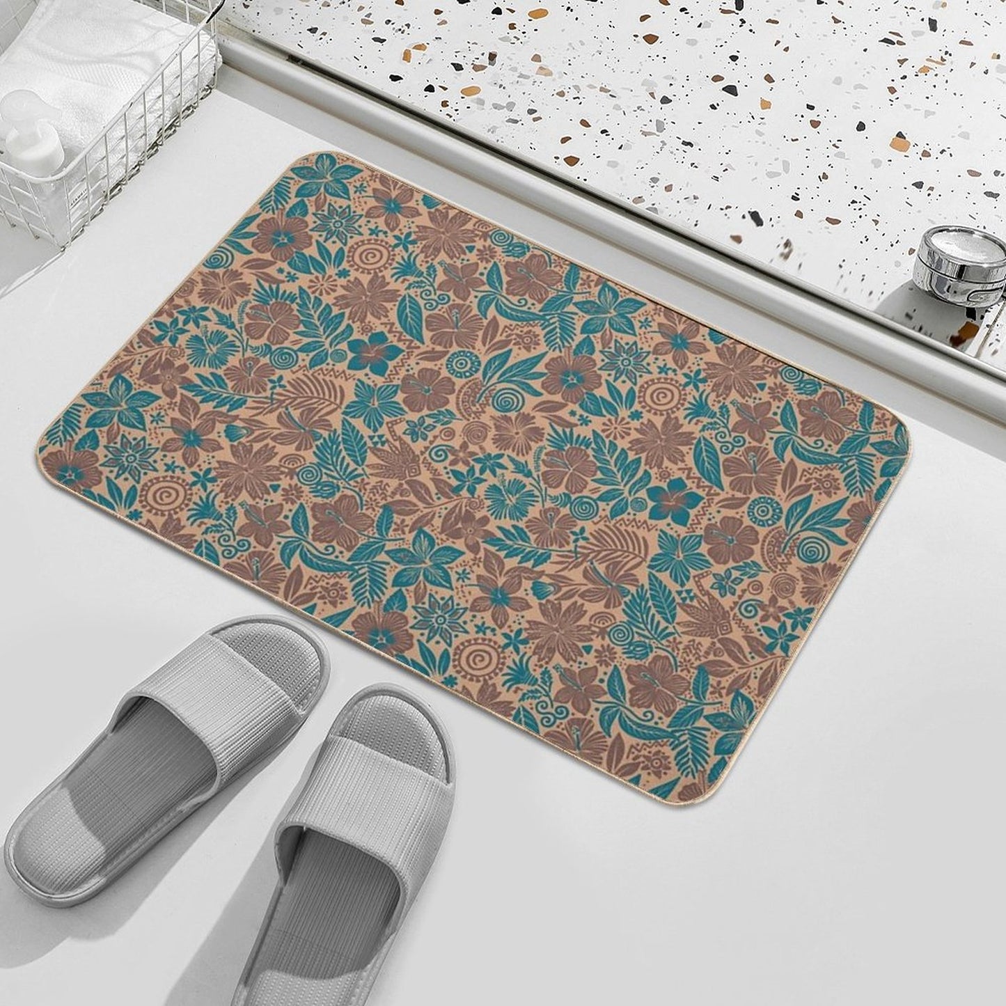 Beige And Teal Tropical Floral Tribal Print  Eco-Friendly Bath Mat