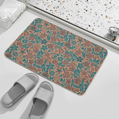 Beige And Teal Tropical Floral Tribal Print  Eco-Friendly Bath Mat