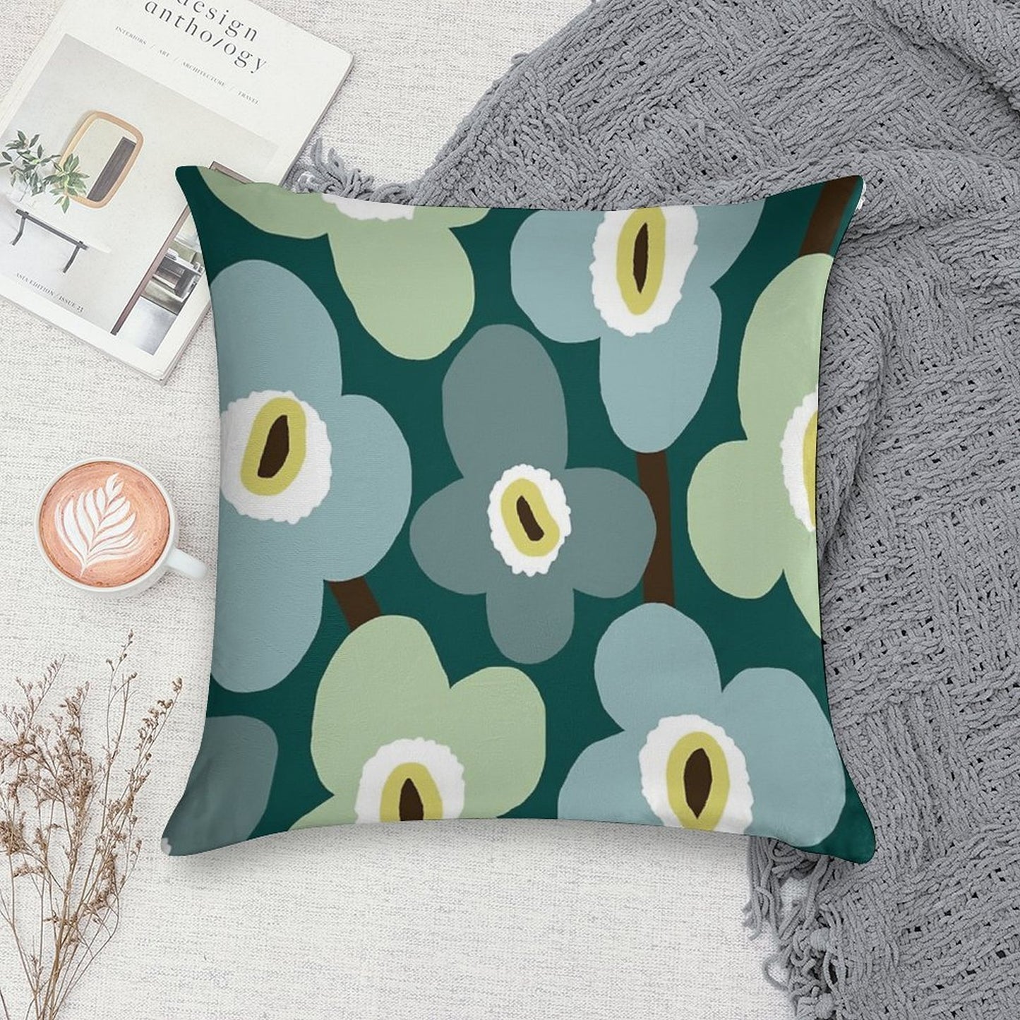 Iconic Retro Scandinavian Floral Pattern in Green And Blue Soft Gift Ready Throw Pillow