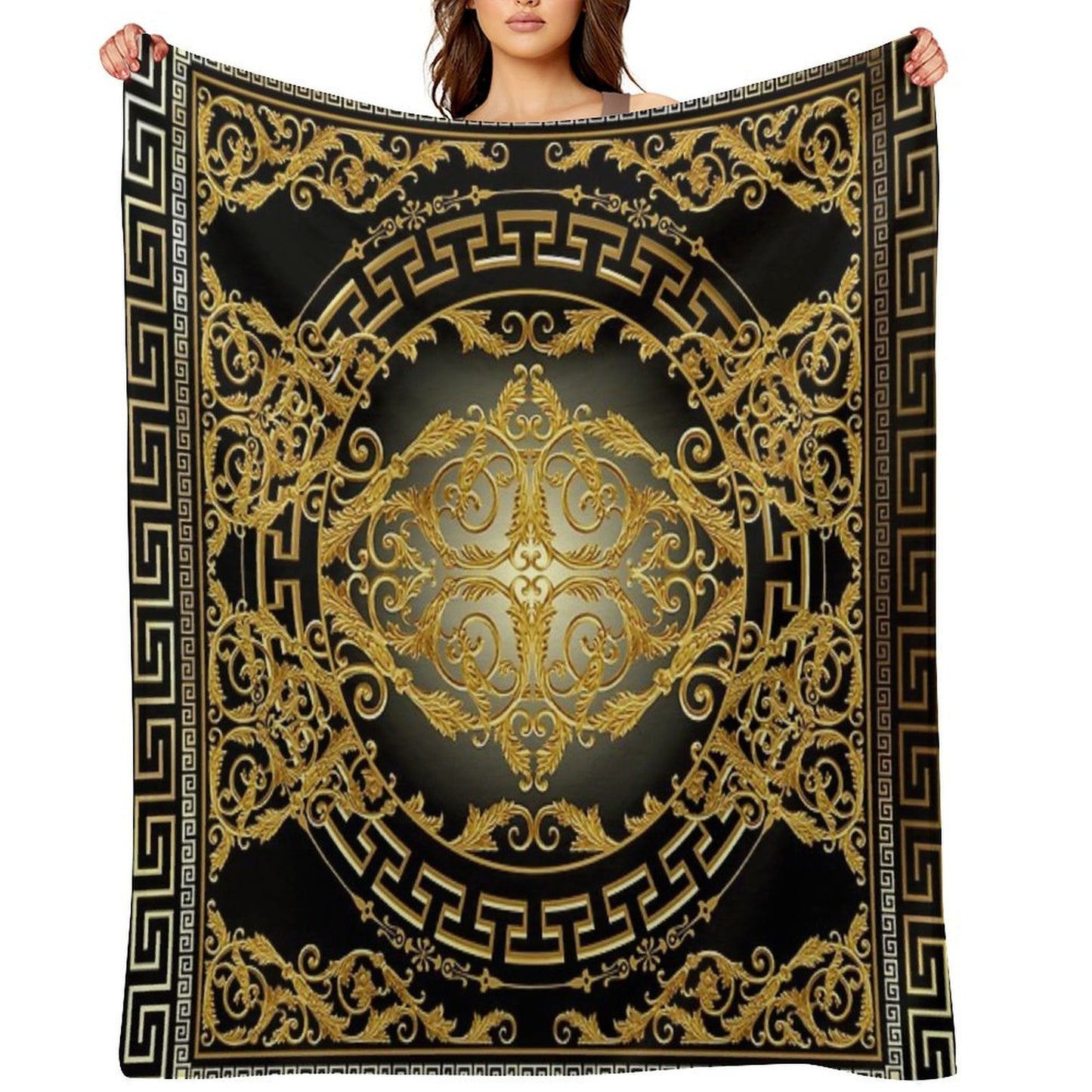 Greek Keys 3 Black Golden White Baroque Style Durable Throw Blanket